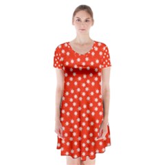 Red White Floral Print Short Sleeve V-neck Flare Dress by SpinnyChairDesigns