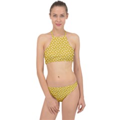 Saffron Yellow White Floral Pattern Racer Front Bikini Set by SpinnyChairDesigns