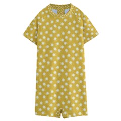 Saffron Yellow White Floral Pattern Kids  Boyleg Half Suit Swimwear by SpinnyChairDesigns