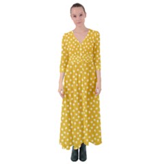 Saffron Yellow White Floral Pattern Button Up Maxi Dress by SpinnyChairDesigns