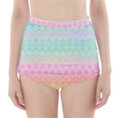 Boho Retro Pastel Floral Pattern High-waisted Bikini Bottoms by SpinnyChairDesigns