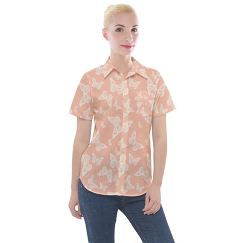Peaches And Cream Butterfly Print Women s Short Sleeve Pocket Shirt by SpinnyChairDesigns