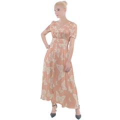 Peaches And Cream Butterfly Print Button Up Short Sleeve Maxi Dress by SpinnyChairDesigns