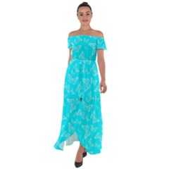 Aqua Blue Butterfly Print Off Shoulder Open Front Chiffon Dress by SpinnyChairDesigns
