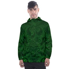 Emerald Green Spirals Men s Front Pocket Pullover Windbreaker by SpinnyChairDesigns