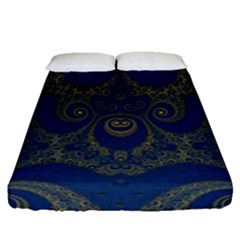 Navy Blue And Gold Swirls Fitted Sheet (queen Size) by SpinnyChairDesigns