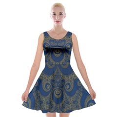 Navy Blue And Gold Swirls Velvet Skater Dress by SpinnyChairDesigns