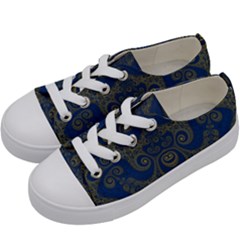Navy Blue And Gold Swirls Kids  Low Top Canvas Sneakers by SpinnyChairDesigns