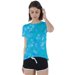 Aqua Blue Floral Print Short Sleeve Foldover Tee by SpinnyChairDesigns