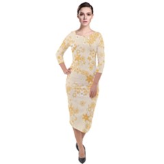 Yellow Flowers Floral Print Quarter Sleeve Midi Velour Bodycon Dress by SpinnyChairDesigns