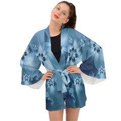 Steel Blue Flowers Long Sleeve Kimono by SpinnyChairDesigns