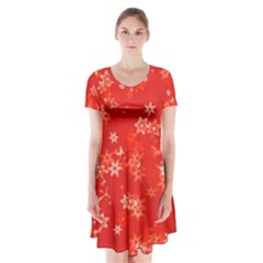 Red And White Flowers Short Sleeve V-neck Flare Dress by SpinnyChairDesigns