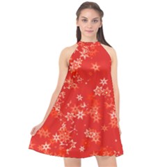 Red And White Flowers Halter Neckline Chiffon Dress  by SpinnyChairDesigns