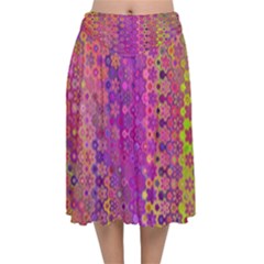 Boho Fuchsia Floral Print  Velvet Flared Midi Skirt by SpinnyChairDesigns
