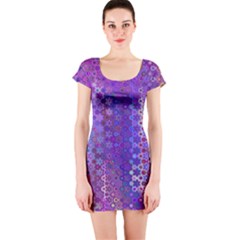Boho Purple Floral Print Short Sleeve Bodycon Dress by SpinnyChairDesigns