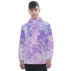 White Purple Floral Print Men s Front Pocket Pullover Windbreaker by SpinnyChairDesigns
