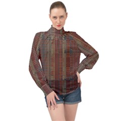 Rust Brown Grunge Plaid High Neck Long Sleeve Chiffon Top by SpinnyChairDesigns
