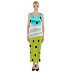 Mixed Polka Dots And Lines Pattern, Blue, Yellow, Silver, White Colors Fitted Maxi Dress by Casemiro