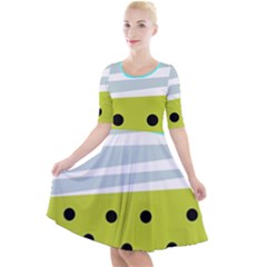 Mixed Polka Dots And Lines Pattern, Blue, Yellow, Silver, White Colors Quarter Sleeve A-line Dress by Casemiro
