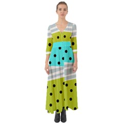 Mixed Polka Dots And Lines Pattern, Blue, Yellow, Silver, White Colors Button Up Boho Maxi Dress by Casemiro
