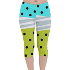 Mixed Polka Dots And Lines Pattern, Blue, Yellow, Silver, White Colors Velvet Capri Leggings  by Casemiro