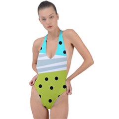 Mixed Polka Dots And Lines Pattern, Blue, Yellow, Silver, White Colors Backless Halter One Piece Swimsuit by Casemiro