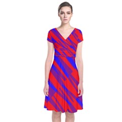 Geometric Blocks, Blue And Red Triangles, Abstract Pattern Short Sleeve Front Wrap Dress by Casemiro
