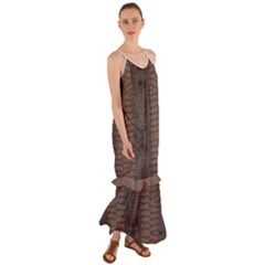 Brown Alligator Leather Skin Cami Maxi Ruffle Chiffon Dress by LoolyElzayat