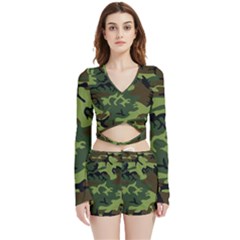 Forest Camo Pattern, Army Themed Design, Soldier Velvet Wrap Crop Top And Shorts Set by Casemiro