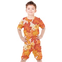 Autumn Leaves Pattern Kids  Tee And Shorts Set by designsbymallika