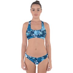 Blue Floral Print  Cross Back Hipster Bikini Set by designsbymallika