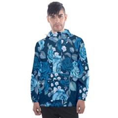 Blue Floral Print  Men s Front Pocket Pullover Windbreaker by designsbymallika