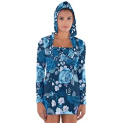 Blue Floral Print  Long Sleeve Hooded T-shirt by designsbymallika