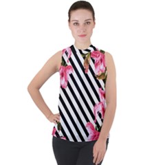 Pink Floral Stripes Mock Neck Chiffon Sleeveless Top by designsbymallika