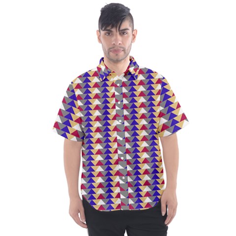 Colorful Triangles Pattern, Retro Style Theme, Geometrical Tiles, Blocks Men s Short Sleeve Shirt by Casemiro