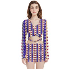 Colorful Triangles Pattern, Retro Style Theme, Geometrical Tiles, Blocks Velvet Wrap Crop Top And Shorts Set by Casemiro