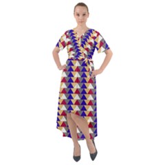 Colorful Triangles Pattern, Retro Style Theme, Geometrical Tiles, Blocks Front Wrap High Low Dress by Casemiro