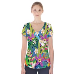 Colorful Floral Pattern Short Sleeve Front Detail Top by designsbymallika