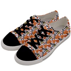Black Orange Autumn Leaves Pattern Men s Low Top Canvas Sneakers by designsbymallika