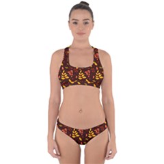 Yellow Green Orange Leaf Pattern Cross Back Hipster Bikini Set by designsbymallika