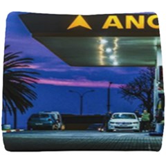 Night Scene Gas Station Building, Montevideo, Uruguay Seat Cushion by dflcprintsclothing