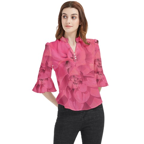 Beauty Pink Rose Detail Photo Loose Horn Sleeve Chiffon Blouse by dflcprintsclothing