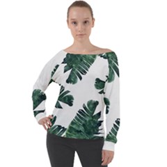 Green Banana Leaves Off Shoulder Long Sleeve Velour Top by goljakoff