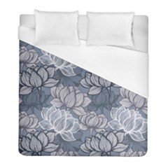 Art Deco Blue And Grey Lotus Flower Leaves Floral Japanese Hand Drawn Lily Duvet Cover (full/ Double Size)