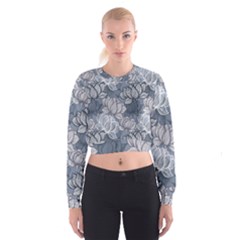 Art Deco Blue And Grey Lotus Flower Leaves Floral Japanese Hand Drawn Lily Cropped Sweatshirt by DigitalArsiart
