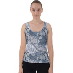 Art Deco Blue And Grey Lotus Flower Leaves Floral Japanese Hand Drawn Lily Velvet Tank Top by DigitalArsiart