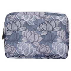 Art Deco Blue And Grey Lotus Flower Leaves Floral Japanese Hand Drawn Lily Make Up Pouch (medium) by DigitalArsiart