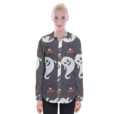 Halloween Ghost Trick Or Treat Seamless Repeat Pattern Womens Long Sleeve Shirt by KentuckyClothing