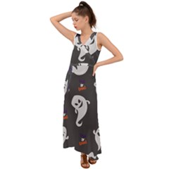 Halloween Ghost Trick Or Treat Seamless Repeat Pattern V-neck Chiffon Maxi Dress by KentuckyClothing