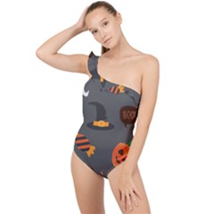 Halloween Themed Seamless Repeat Pattern Frilly One Shoulder Swimsuit by KentuckyClothing